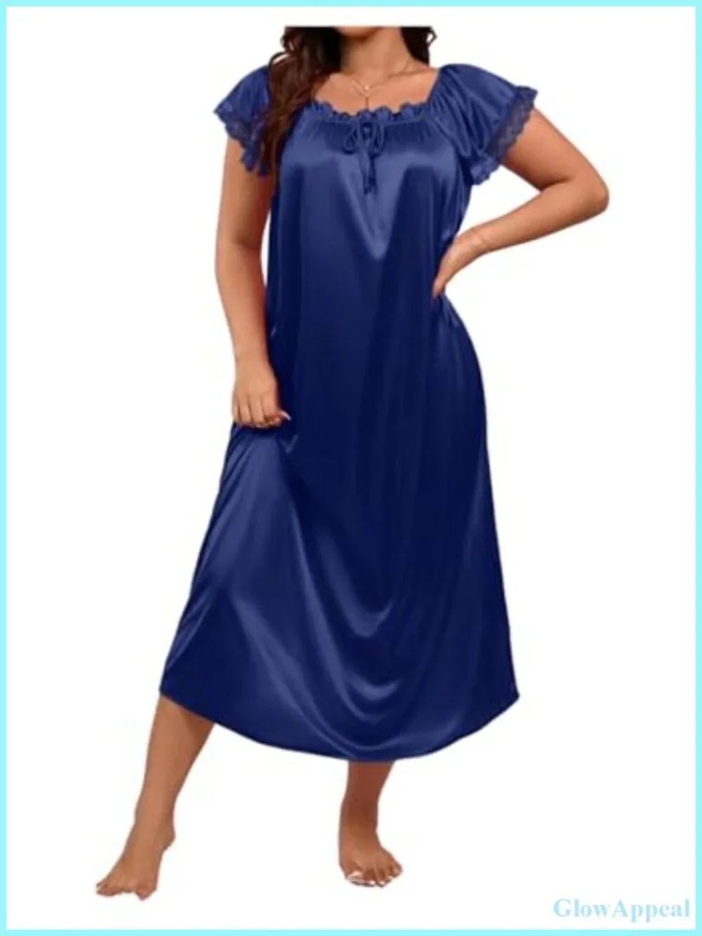 Plus Size Satin Nightgown Lace Trim Short Sleeve Sleepwear